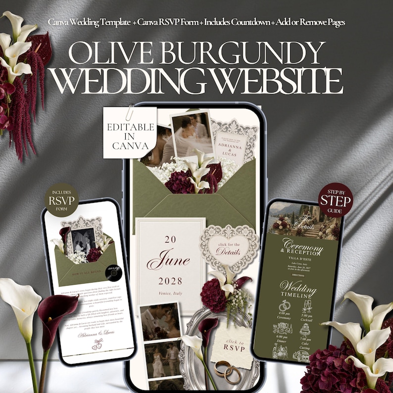 May include: A digital wedding website template in olive and burgundy featuring editable Canva layouts, RSVP forms, and countdowns. The design displays wedding invitation graphics, floral accents, and event timelines on three smartphone screens.