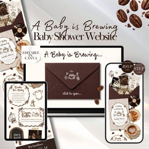 Könnte beinhalten: Eine digitale Babyparty-Website-Vorlage mit dem Titel A Baby is Brewing, angezeigt auf einem Laptop, Tablet und Smartphone. Das Design umfasst kaffeebezogene Grafiken, braune Umschläge, Kaffeebohnen und bearbeitbare Textfelder.