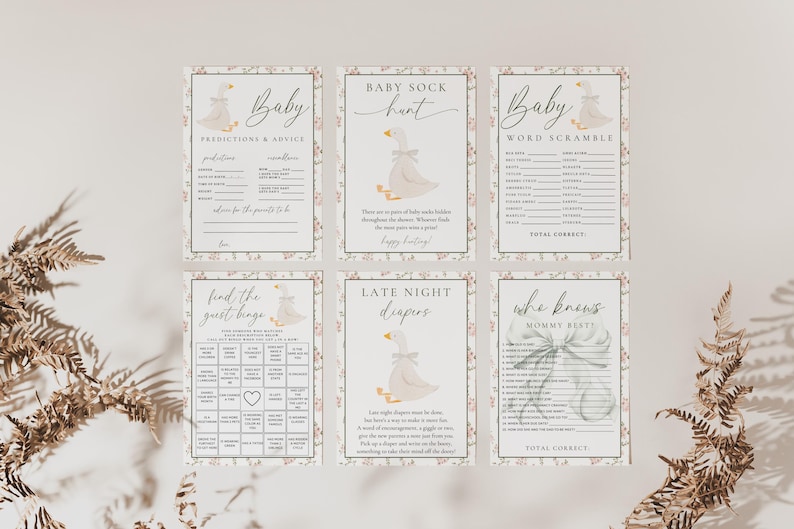 Little Silly Goose Baby Shower Bundle, Vintage Floral Goose Invite Games Signs Bundle, Pink Greenery Girls Baby Shower Boho Editable Digital image 7