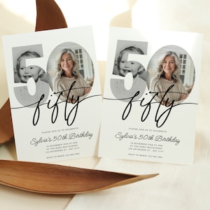 May include: A black and white birthday invitation with a photo of a woman and a child. The invitation says "Please join us to celebrate Sylvia's 50th Birthday" and includes the date, time, and location of the party.