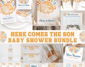 Here Comes the Son Baby Shower Bundle, Here Comes the Sun Baby Shower Invitation, Summer Sunshine Sun Baby Shower Decor, Blue Boy Retro
