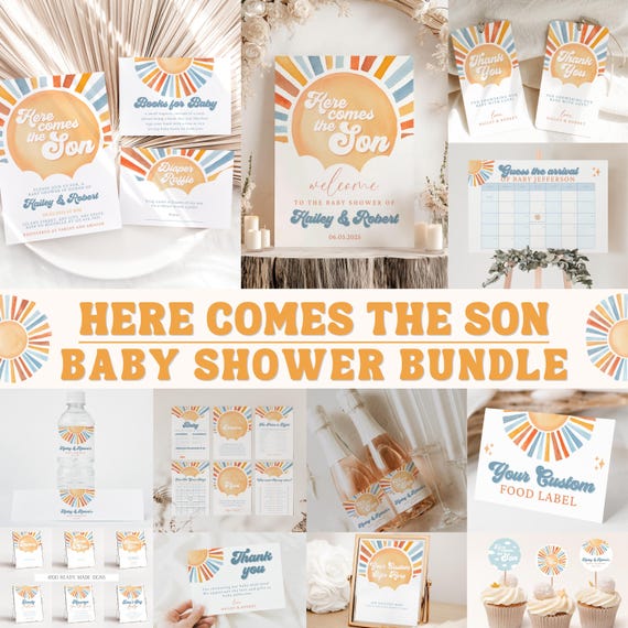 Here Comes the Son Baby Shower Bundle, Here Comes the Sun Baby Shower Invitation, Summer Sunshine Sun Baby Shower Decor, Blue Boy Retro