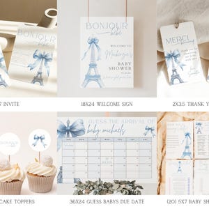 May include: A set of printable baby shower party decorations featuring a blue and white Eiffel Tower design. The set includes invitations, a welcome sign, thank you tags, cupcake toppers, a baby's due date game, and several baby shower games.