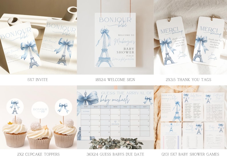 May include: A set of printable baby shower party decorations featuring a blue and white Eiffel Tower design. The set includes invitations, a welcome sign, thank you tags, cupcake toppers, a baby's due date game, and several baby shower games.