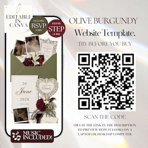 May include: A digital website template for weddings featuring olive and burgundy colors. The display shows an envelope, floral arrangements, and text reading 20 June 2028. A large QR code is present with the text TRY BEFORE YOU BUY and SCAN THE CODE.