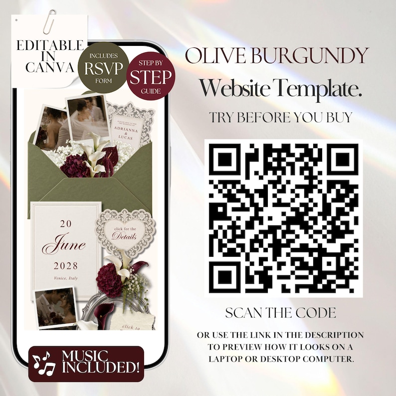 May include: A digital website template for weddings featuring olive and burgundy colors. The display shows an envelope, floral arrangements, and text reading 20 June 2028. A large QR code is present with the text TRY BEFORE YOU BUY and SCAN THE CODE.