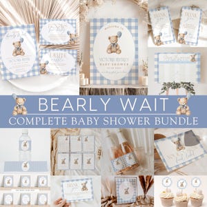 May include: A complete baby shower bundle with a blue and white gingham pattern. The bundle includes invitations, thank you cards, food labels, cupcake toppers, and water bottle labels. Each item features a teddy bear illustration and the text "Bearly Wait".