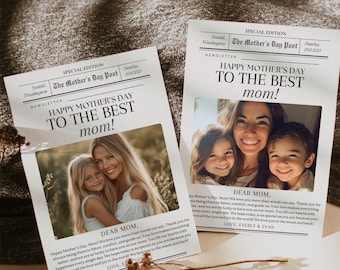 May include: Two printable Mother's Day cards with a newspaper design. Each card features a photo of a mother with her children and a message that reads "Happy Mother's Day to the best mom!"
