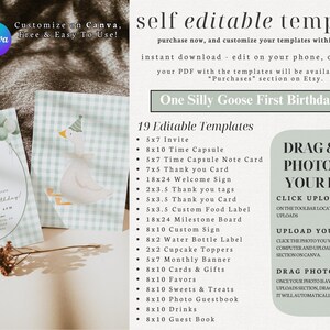 以下が含まれることがあります： 1歳の誕生日パーティー用の編集可能なテンプレート19個セット。テンプレートには、青と白のギンガムチェックの背景に、かわいい漫画のガチョウが描かれています。画像の上部には「One Silly Goose First Birthday Bundle」というテキストがあります。画像の右側には緑色のボックスに「DRAG & DROP PHOTOS INTO YOUR FRAME」というテキストがあります。緑色のボックスの下には「CLICK UPLOADS」というテキストがあります。「CLICK UPLOADS」テキストの下には、薄い緑色のボックスに「UPLOAD YOUR PHOTOS」というテキストがあります。「UPLOAD YOUR PHOTOS」テキストの下には、薄い緑色のボックスに「DRAG PHOTO」というテキストがあります。画像の左側には「19 Editable Templates」というテキストがあります。テキストには、パッケージに含まれるさまざまなテンプレートがリストされています。たとえば、「Invite」、「Time Capsule」、「Note Card」、「Thank You Card」、「Welcome Sign」、「Milestone Board」、「Custom Sign」、「Water Bottle Label」、「Cupcake Toppers」、「Monthly Banner」、「Cards & Gifts」、「Favors」、「Sweets & Treats」、「Photo Guestbook」、「Drinks」、「Guest Book」などです。