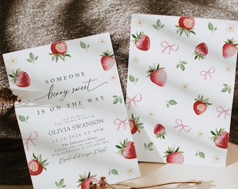 Coquette Berry Baby Shower Invitation , Berry Sweet Invite Baby Shower Pink bow berries Minimal Girl Baby Shower Blush Pink Strawberry