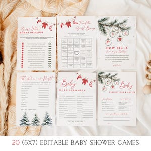 K&ouml;nnte beinhalten: Zwanzig druckbare Babyparty-Spiele mit Winterthema. Die Spiele beinhalten "Errate, wer Mama oder Papa ist", "Finde den Gast-Bingo", "Wie gro&szlig; ist Mamas Bauch", "Der Preis ist hei&szlig;", "Baby-Wortsalat" und "Baby-Vorhersagen & Ratschl&auml;ge".