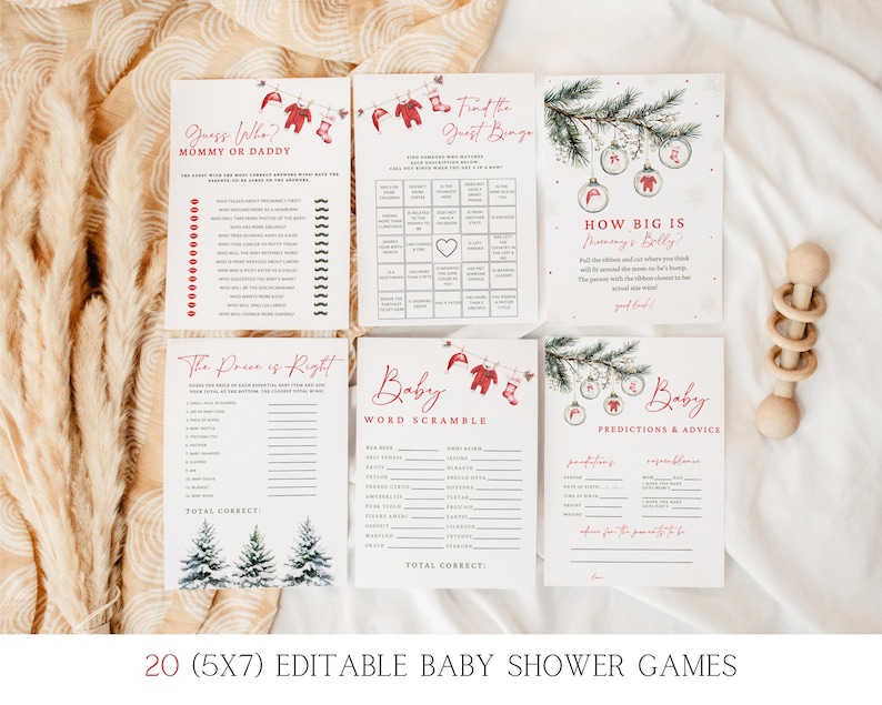 K&ouml;nnte beinhalten: Zwanzig druckbare Babyparty-Spiele mit Winterthema. Die Spiele beinhalten "Errate, wer Mama oder Papa ist", "Finde den Gast-Bingo", "Wie gro&szlig; ist Mamas Bauch", "Der Preis ist hei&szlig;", "Baby-Wortsalat" und "Baby-Vorhersagen & Ratschl&auml;ge".