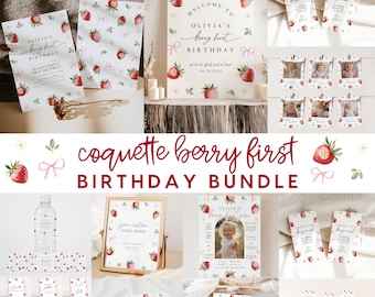 Paquete de primer cumpleaños de Coquette Berry, invitación para el primer cumpleaños con lazo rosa y fresa, paquete de fiesta boho para el primer cumpleaños de niñas, estética Daisy editable