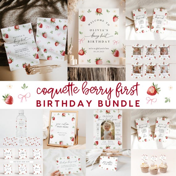 Coquette Berry First Birthday Bundle, Pink Bow Strawberry 1st Birthday Invite, Girls 1st Birthday Boho Party Bundle Daisy Aesthetic Editable