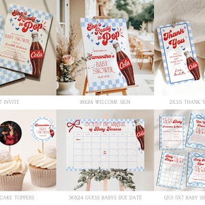 Może przedstawiać: Zestaw artykuł&oacute;w na baby shower w stylu retro. Zawiera zaproszenia, znak powitalny, etykiety z podziękowaniami, nakładki na babeczki, kalendarz terminu porodu i gry na baby shower. Projekt zawiera ilustrację butelki coli i niebiesko-biały wz&oacute;r w szachownicę.