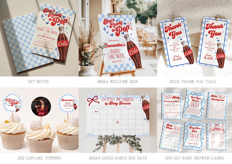 Może przedstawiać: Zestaw artykuł&oacute;w na baby shower w stylu retro. Zawiera zaproszenia, znak powitalny, etykiety z podziękowaniami, nakładki na babeczki, kalendarz terminu porodu i gry na baby shower. Projekt zawiera ilustrację butelki coli i niebiesko-biały wz&oacute;r w szachownicę.