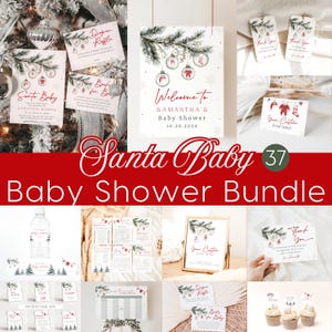 K&ouml;nnte beinhalten: Ein druckbares Babyparty-Paket mit Weihnachts-Thema. Das Paket beinhaltet ein Willkommens-Schild, Essensschilder, Dankeskarten, ein Windel-Tombola-Schild, ein Buch f&uuml;r Baby-Schild und vieles mehr. Das Design zeigt einen Aquarell-Hintergrund mit einem Kiefernzweig und Ornamenten.