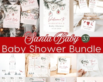 Może przedstawiać: Zestaw do druku na baby shower w świątecznym stylu. Zestaw zawiera tabliczkę powitalną, etykiety na jedzenie, kartki z podziękowaniami, tabliczkę z loterią pieluszek, tabliczkę z książką dla dziecka i wiele innych. Projekt zawiera akwarelowe tło z gałązką sosny i ozdobami.