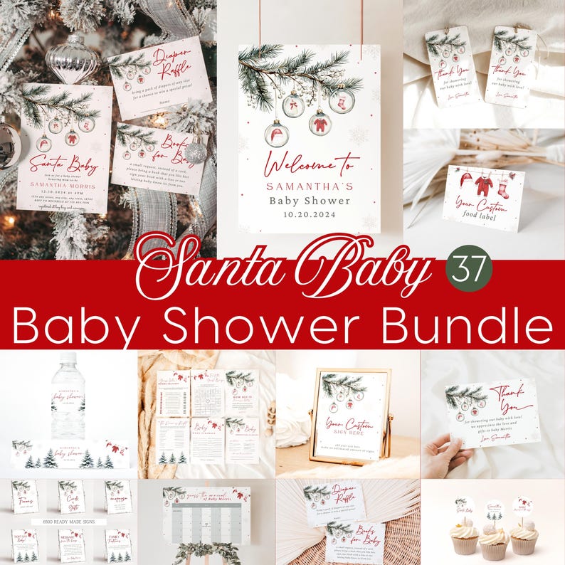 K&ouml;nnte beinhalten: Ein druckbares Babyparty-Paket mit Weihnachts-Thema. Das Paket beinhaltet ein Willkommens-Schild, Essensschilder, Dankeskarten, ein Windel-Tombola-Schild, ein Buch f&uuml;r Baby-Schild und vieles mehr. Das Design zeigt einen Aquarell-Hintergrund mit einem Kiefernzweig und Ornamenten.