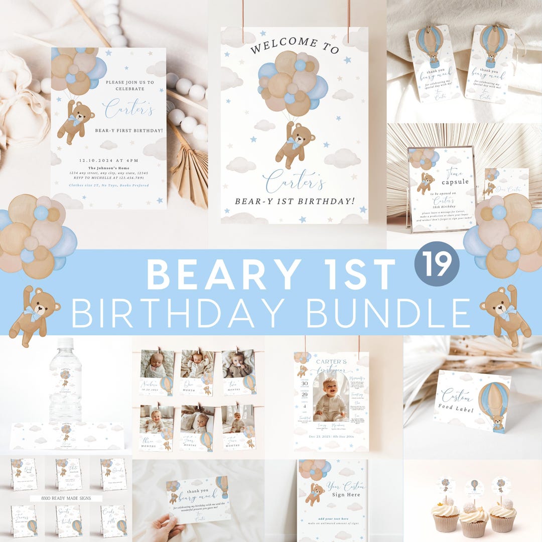 Bear 1st Birthday Bundle, Beary First Birthday Teddy Bear Balloon ...
