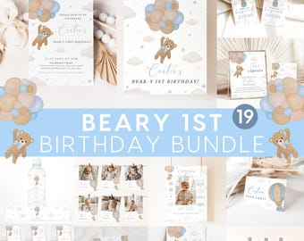 Bear 1st Birthday Bundle, Beary First Birthday Teddy Bear Balloon Invite Bear-y Boho Birthday Bundle Minimalist Invite Digital Blue Boy