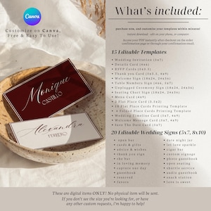 May include: A digital wedding stationery template set featuring a deep red card with white script text and a white card with black script text. The text lists 15 editable templates and 20 editable wedding signs with various dimensions in inches.