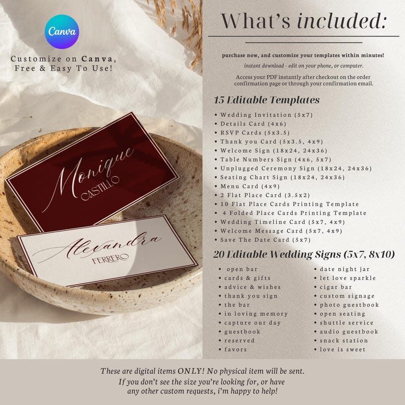 May include: A digital wedding stationery template set featuring a deep red card with white script text and a white card with black script text. The text lists 15 editable templates and 20 editable wedding signs with various dimensions in inches.