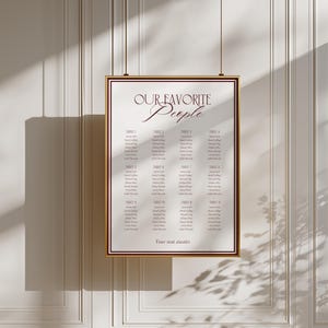 May include: A rectangular wedding seating chart sign with a gold frame, featuring the text "OUR FAVORITE PEOPLE" at the top and "Your seat awaits" at the bottom. The white sign displays twelve tables with lists of names in dark red serif font.