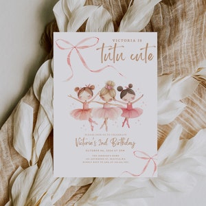 May include: A pink and white invitation card with a pink ribbon bow and three ballerina girls in pink tutus. The text on the card reads "Victoria is Tutu Cute" and "Victoria's 2nd Birthday".