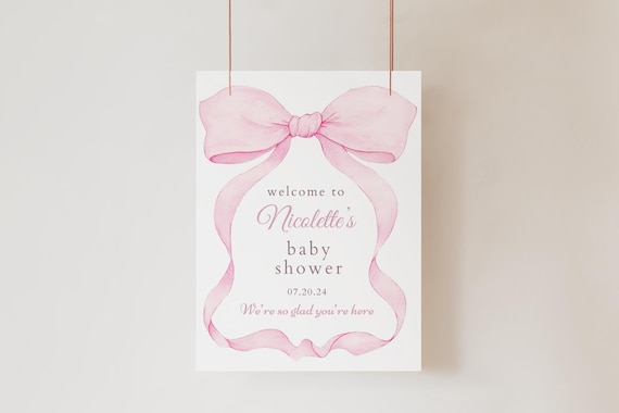 Pink Bow Baby Shower Welcome Sign 18x24, Coquette Baby Shower, Modern Blush Pink Watercolor Ribbon Minimalist 1st Birthday Digital Template