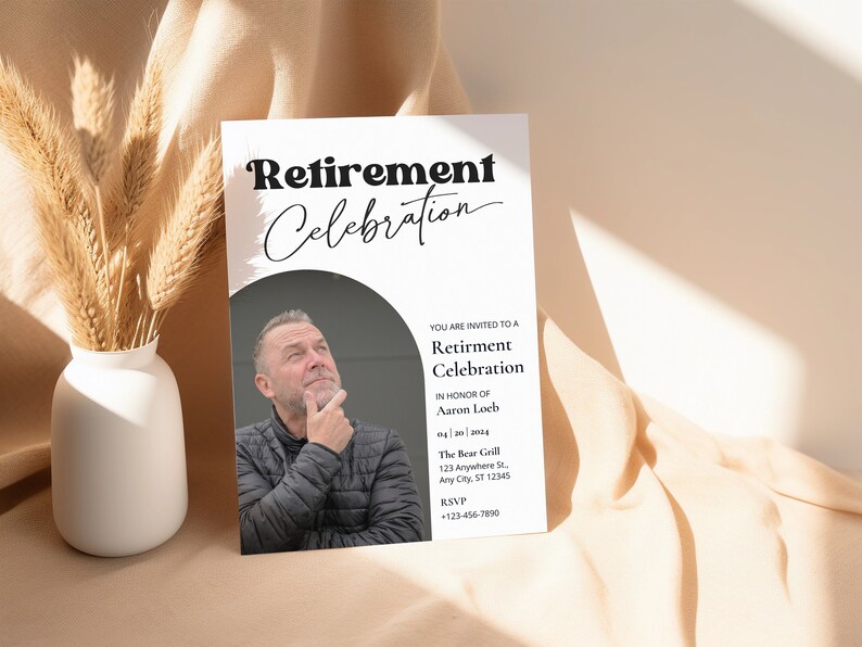 May include: A white invitation card with black text announcing a retirement celebration for Aaron Loeb on April 20, 2024 at The Bear Grill. The invitation includes the restaurant's address and an RSVP number.