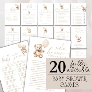 20 Bear Baby Shower Games We Can Bearly Wait Boho Aesthetic Printable Brown Bear Balloon Signs Baby Party Printable Editable Templates