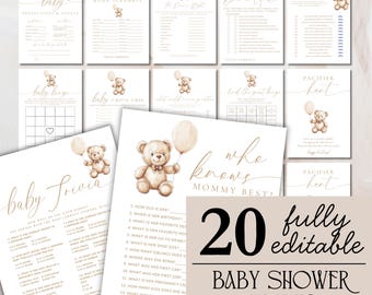 20 Bear Baby Shower Games We Can Bearly Wait Boho Aesthetic Printable Brown Bear Balloon Signs Baby Party Printable Editable Templates