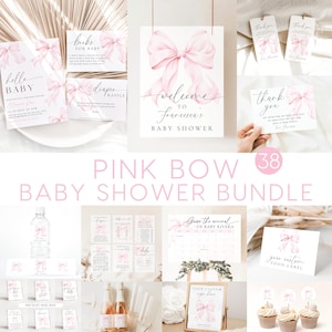 Pacchetto Baby Shower con Fiocco Rosa, Modello Baby Shower per Bambina Coquette, Invito Baby Shower Rosa Pastello, Pacchetto ModernBaby, Minimalista e Morbido