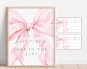 Printable Pink Bow Guess How Many Game Sign, Pink Watercolor Ribbon Minimalist Baby Shower Signs for Baby Sprinkle Coquette Girl Shower