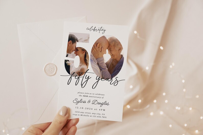 May include: A white invitation card with black text announcing a 50th anniversary celebration. The number 50 is cut out of the card and replaced with a photo of a couple. The text reads "celebrating fifty years" and includes the couple's names, date, time, and location.