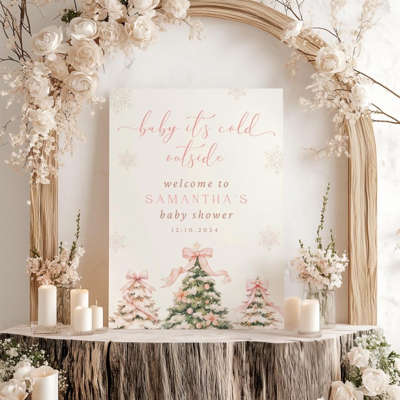 Pink Bow Christmas Baby Shower Welcome Sign, Baby it's Cold Outside Sign, Winter Baby Shower, Winter Wonderland Baby Shower, 18x24 Sign