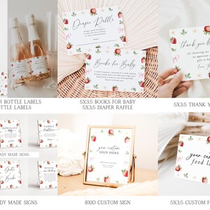 May include: Printable baby shower party decorations with a strawberry theme. Includes water bottle labels, ready-made signs, a custom sign, a thank you card, and a food label. The designs feature strawberries, flowers, and a pink ribbon.