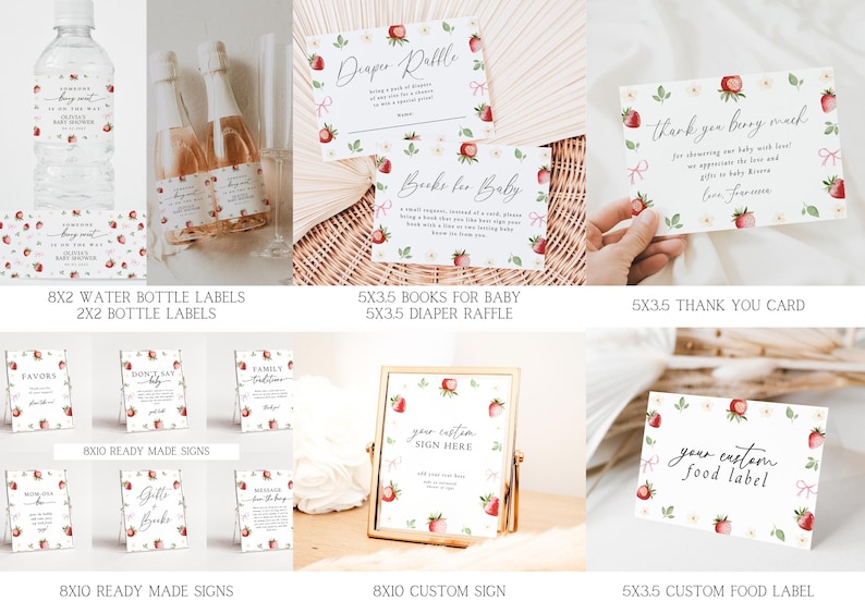 May include: Printable baby shower party decorations with a strawberry theme. Includes water bottle labels, ready-made signs, a custom sign, a thank you card, and a food label. The designs feature strawberries, flowers, and a pink ribbon.