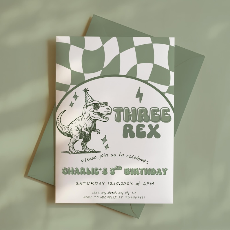 May include: A birthday invitation with a green and white checkered background. The invitation features a cartoon dinosaur wearing sunglasses and a party hat. Text reads "THREE REX" and "CHARLIE'S 3RD BIRTHDAY". Includes RSVP information.