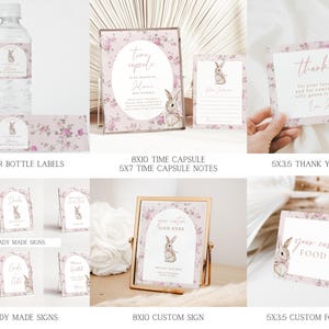 May include: Printable party decorations featuring a floral design with a bunny rabbit illustration. The set includes water bottle labels, ready-made signs, a custom sign, a time capsule, time capsule notes, a thank you card, and a custom food label.