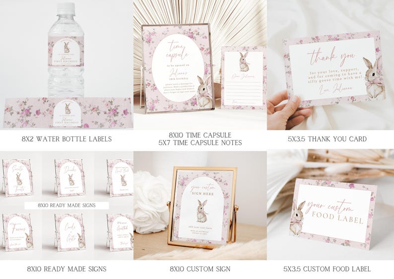 May include: Printable party decorations featuring a floral design with a bunny rabbit illustration. The set includes water bottle labels, ready-made signs, a custom sign, a time capsule, time capsule notes, a thank you card, and a custom food label.
