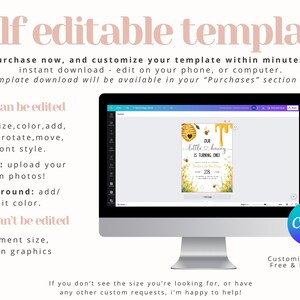 May include: Editable template for a honey-themed first birthday party invitation. The template features a beehive, bees, and the text "Our Little Honey is Turning One". The template can be customized using Canva.