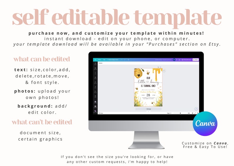 May include: Editable template for a honey-themed first birthday party invitation. The template features a beehive, bees, and the text "Our Little Honey is Turning One". The template can be customized using Canva.