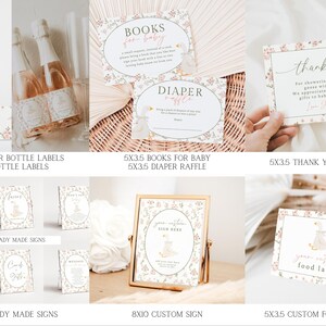 May include: A set of printable baby shower party decorations featuring a pink and white color scheme with a cute goose design. The set includes water bottle labels, bottle labels, ready-made signs, a custom sign, a thank you card, and a food label.