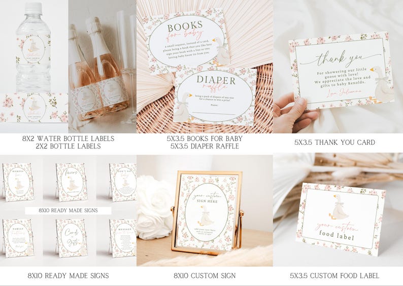 May include: A set of printable baby shower party decorations featuring a pink and white color scheme with a cute goose design. The set includes water bottle labels, bottle labels, ready-made signs, a custom sign, a thank you card, and a food label.