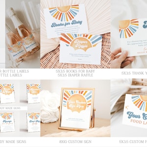 May include: A set of printable baby shower party decorations featuring a colorful sunburst design with blue and orange accents. The set includes water bottle labels, bottle labels, ready-made signs, a custom sign, a thank you card, and a custom food label.