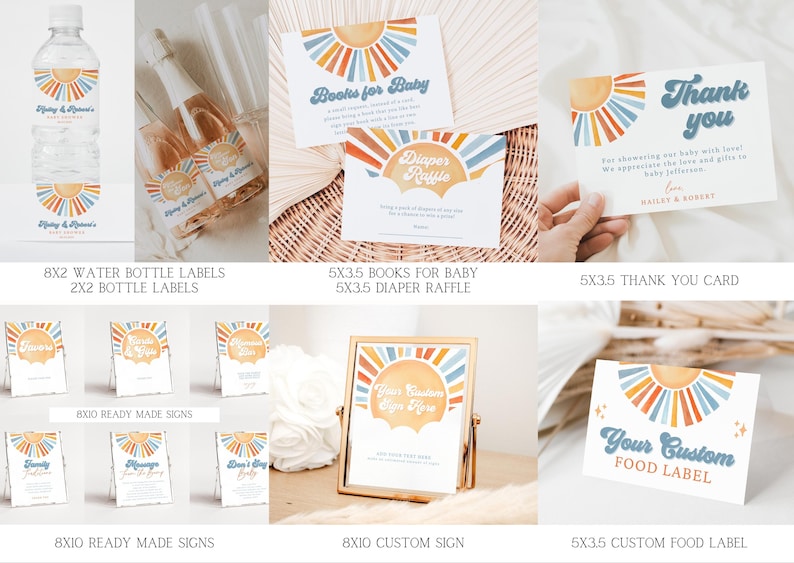May include: A set of printable baby shower party decorations featuring a colorful sunburst design with blue and orange accents. The set includes water bottle labels, bottle labels, ready-made signs, a custom sign, a thank you card, and a custom food label.