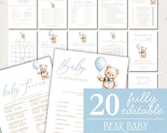 Editable Bear Balloon Baby Shower Games Bundle, Blue Boy Teddy Bear Baby Shower Games Pack, Minimal Boho Teddy Bear Baby Bundle Set Boho