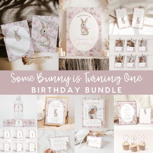 Coquette Vintage Bunny First Birthday Bundle, Some bunny is turning one, 1st birthday bundle, Boho, Floral, Bunny Pink Bow Easter Spring
